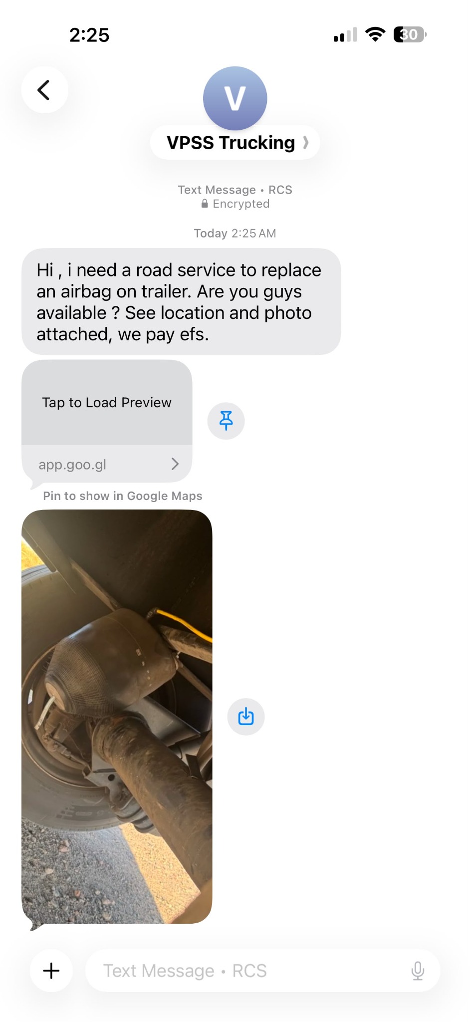 Example SMS requesting roadside service to replace a trailer airbag, with a location link and attached photo