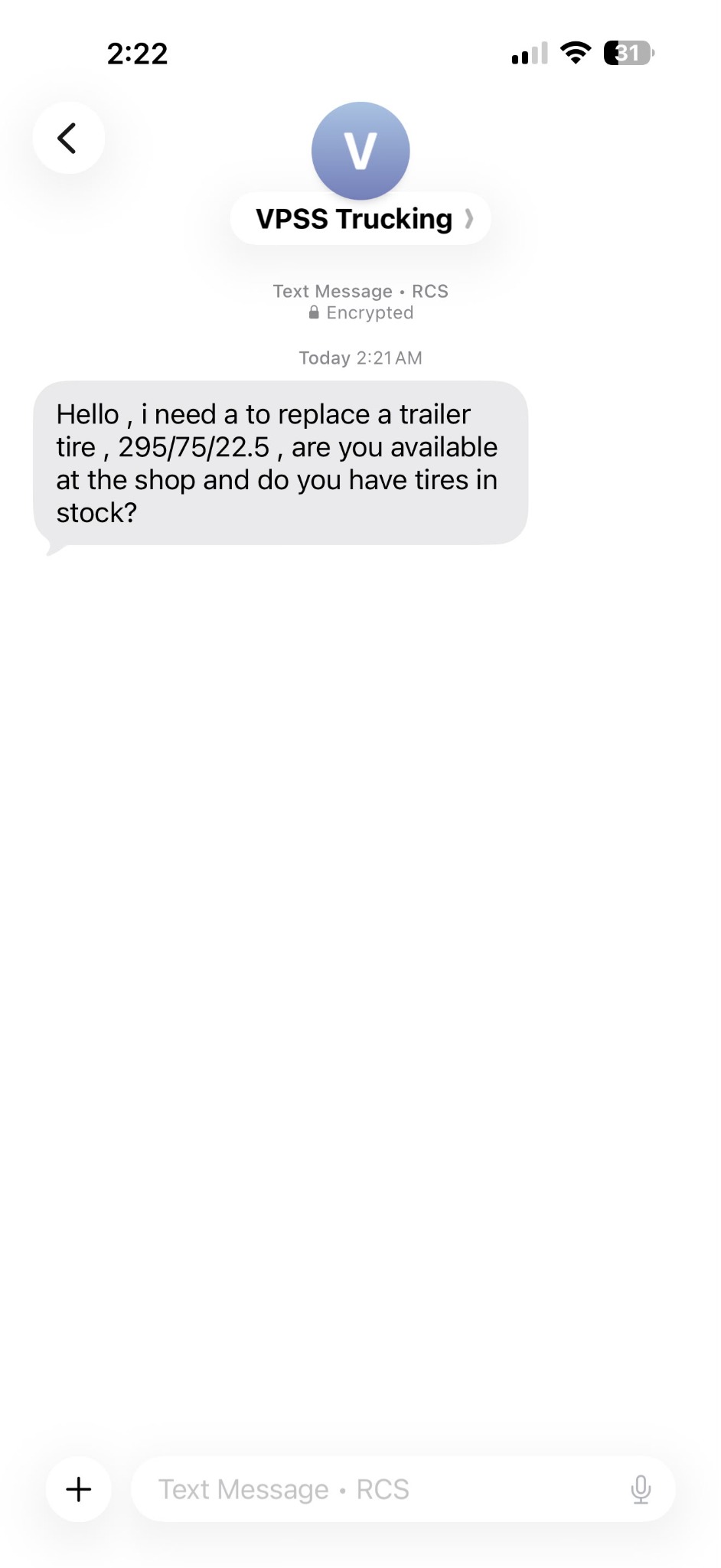 Example SMS asking a shop to replace a trailer tire and confirm availability